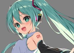 1girl :d black_sleeves breasts collared_shirt commentary_request detached_sleeves green_eyes green_hair grey_background hair_between_eyes hatsune_miku headphones headset long_hair long_sleeves looking_at_viewer mauve medium_breasts open_mouth shirt simple_background sleeveless sleeveless_shirt smile solo twintails unfinished upper_body vocaloid white_shirt wide_sleeves