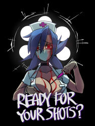 Rule 34 | 1girl, black background, blood, blue hair, breasts, choker, cleavage, collarbone, english text, gloves, hair over one eye, hat, kyouhei hei, lamp, large breasts, latex, latex gloves, mouth mask, nurse cap, red eyes, skullgirls, solo, surgical mask, symbol-shaped pupils, syringe, valentine (skullgirls)