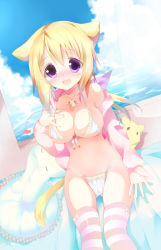 Rule 34 | 10s, 1girl, animal ears, bikini, blonde hair, blush, breasts, cat ears, cat tail, charlotte dunois, hitsuji takako, infinite stratos, jewelry, kemonomimi mode, large breasts, long hair, looking at viewer, ocean, open mouth, pendant, purple eyes, sitting, solo, striped clothes, striped thighhighs, swimsuit, tail, thighhighs, tkk, white bikini