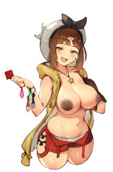 Rule 34 | 1girl, :d, atelier (series), atelier ryza, atelier ryza 1, bad id, bad pixiv id, breasts, brown eyes, brown hair, commentary request, condom, coon, dark areolae, hair ornament, hairclip, hat, highres, holding, holding condom, jewelry, large breasts, looking at viewer, navel, necklace, nipples, open mouth, red shorts, reisalin stout, short hair, short shorts, shorts, simple background, smile, solo, star (symbol), star necklace, sweat, teeth, thighs, upper teeth only, used condom, white background, white hat, wide hips