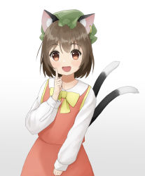 Rule 34 | 1girl, :d, animal ear fluff, animal ears, bow, bowtie, brown eyes, brown hair, cat ears, cat tail, chen, cowboy shot, dress, earrings, gold trim, hand up, hat, highres, index finger raised, jewelry, keyakko, light blush, looking at viewer, mob cap, multiple tails, nekomata, open mouth, red dress, simple background, single earring, smile, solo, tail, touhou, two tails, white background, yellow bow, yellow bowtie