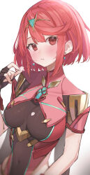 Rule 34 | 1girl, absurdres, black gloves, blush, breasts, chest jewel, drop earrings, earrings, fingerless gloves, gloves, head tilt, highres, jewelry, large breasts, looking at viewer, mia cbx, parted lips, pyra (xenoblade), red eyes, red hair, short hair, solo, swept bangs, tiara, xenoblade chronicles (series), xenoblade chronicles 2