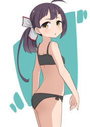 Rule 34 | 1girl, :o, ahoge, ass, asymmetrical bangs, blush, bra, breasts, fujinami (kancolle), hair ribbon, highres, junes, kantai collection, long hair, orange eyes, panties, parted lips, ponytail, purple hair, ribbon, side ponytail, simple background, small breasts, solo, training bra, two-tone background, underwear