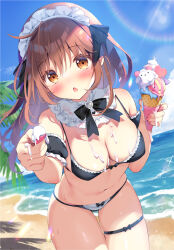 Rule 34 | 1girl, bare shoulders, bikini, black bikini, black bow, black sleeves, blue sky, blush, bow, breasts, brown eyes, brown hair, chestnut mouth, cleavage, cloud, commentary request, day, detached sleeves, food, heart, holding, holding food, holding spoon, horizon, ice cream, ice cream cone, leaning forward, lens flare, long hair, looking at viewer, maid headdress, medium breasts, ocean, original, outdoors, pan (mimi), parted lips, puffy short sleeves, puffy sleeves, short sleeves, skindentation, sky, solo, spoon, swimsuit, thigh gap, thigh strap, triple scoop, very long hair, water