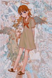 Rule 34 | 1girl, abstract background, angel, black eyes, brown footwear, closed mouth, dress, full body, haibane renmei, halo, io (onisarashi), looking at viewer, neckerchief, orange hair, rakka (haibane), red neckerchief, sailor collar, sandals, short sleeves, smile, solo, standing, white dress, wings