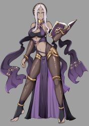 Rule 34 | 1girl, absurdres, alternate costume, aversa (fire emblem), black nails, book, breasts, bridal gauntlets, cleavage, cosplay, dark-skinned female, dark skin, dorothea arnault (cosplay), dorothea arnault (plegian) (cosplay), elbow gloves, eyeliner, facial mark, feet, female focus, fire emblem, fire emblem awakening, fire emblem heroes, full body, gloves, highres, holding, holding book, hood, large breasts, lipstick, long hair, makeup, nail polish, navel, nintendo, pelvic curtain, smile, tattoo, thick thighs, thighs, tiptoes, toenail polish, toenails, toes, underboob, villagers c, white hair, wide hips
