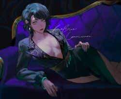 Rule 34 | 1girl, artist name, black hair, blue nails, breasts, commentary, commission, couch, dress, earrings, green dress, green eyes, hand on own hip, highres, jewelry, keibleh, lapels, long sleeves, looking at viewer, lying, medium breasts, nail polish, notched lapels, on couch, on side, original, red lips, short hair, signature, solo, wristlet, yin yang