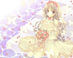 Rule 34 | 1girl, bouquet, breasts, bridal bouquet, bridal gauntlets, bride, brown eyes, bug, butterfly, cleavage, dress, elbow gloves, flower, gloves, grey hair, insect, long hair, medium breasts, min-mu, petals, rose, rose petals, sitting, soaking feet, solo, stairs, thighhighs, water, wedding dress, white thighhighs