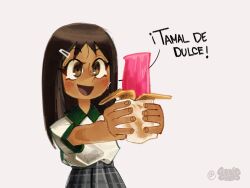 1girl :d alternate_skin_color artist_logo azumanga_daiou blush brown_eyes brown_hair collared_shirt conalep_school_uniform cowboy_shot dark-skinned_female dark_skin film_grain food gabiecillo green_shirt grey_skirt hair_ornament hairclip highres holding holding_food kasuga_ayumu long_hair looking_at_food open_mouth outstretched_arms parted_bangs plaid_clothes plaid_skirt pleated_skirt school_uniform shirt shirt_tucked_in short_sleeves skirt smile solo spanish_text straight_hair two-tone_shirt upper_body watermark white_background white_shirt