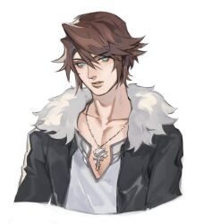 Rule 34 | 1boy, black jacket, blue eyes, bright pupils, brown hair, collarbone, commentary, cropped torso, english commentary, final fantasy, final fantasy viii, fur-trimmed jacket, fur trim, jacket, jewelry, looking to the side, male focus, necklace, open clothes, open jacket, parted lips, pectorals, shirt, short hair, simple background, solo, squall leonhart, upper body, v-neck, white background, white shirt, xin (cveol)