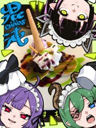 Rule 34 | 3girls, absurdres, ahoge, black bow, black hair, blue eyes, blunt bangs, blush, bow, brown horns, closed mouth, commentary request, cowlick, demon girl, demon horns, eyepatch, food, green hair, head only, highres, horns, ice cream, kojo anna, looking at viewer, maid headdress, marshmallow, multicolored hair, multiple girls, nanashi inc., open mouth, pancake, panyatteria, photo background, plate, pointy ears, purple hair, red eyes, sekishiro mico, shisui kiki, short hair, smile, syrup, twintails, two-tone hair, virtual youtuber, wafer stick, yellow eyes