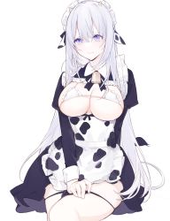 Rule 34 | 1girl, absurdres, animal ears, animal print, apron, arm support, bell, black panties, bra, breasts, breasts out, cleavage, closed mouth, collar, commentary, covered erect nipples, cow ears, cow horns, cow print, cow tail, cowboy shot, crossed bangs, duplicate, frilled apron, frilled bra, frills, furrowed brow, hair between eyes, highres, horns, juliet sleeves, large breasts, long sleeves, looking at viewer, maid, maid headdress, micro bra, miyuki (miyuki0529), neck bell, original, panties, panty pull, puffy long sleeves, puffy sleeves, purple eyes, shy, simple background, sitting, skindentation, sleeve cuffs, solo, string bra, string panties, swimsuit, tail, underwear, waist apron, white background, white bra, white hair
