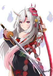 Rule 34 | 1girl, bare shoulders, bell, blush, double bun, dual wielding, floral print, gradient hair, hair bell, hair bun, hair ornament, highres, holding, holding sword, holding weapon, hololive, horns, hz (helu 2), japanese clothes, katana, kimono, long hair, looking at viewer, looking back, mask, mask on head, multicolored hair, nakiri ayame, nakiri ayame (1st costume), oni mask, red eyes, red hair, signature, silver hair, simple background, skin-covered horns, smile, solo, spider lily print, sword, virtual youtuber, weapon, white background