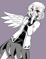 Rule 34 | 1girl, covering own mouth, kaya rio, kishin sagume, monochrome, open mouth, red eyes, simple background, single wing, solo, spot color, touhou, wings