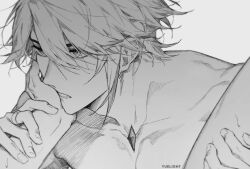 Rule 34 | 1boy, 1other, alhaitham (genshin impact), artist name, chest jewel, collarbone, genshin impact, greyscale, hair between eyes, hand on another&#039;s face, jewelry, male focus, monochrome, nude, ring, simple background, solo focus, sweat, toned, toned male, upper body, yuelight