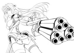 Rule 34 | 00s, 1girl, aiming, aiming at viewer, breasts, greyscale, gun, huge weapon, kos-mos, long hair, looking at viewer, monochrome, simple background, solo, takeuchi aya, weapon, white background, xeno (series), xenosaga