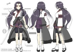 Rule 34 | 1girl, aogiri penta, black hair, character sheet, facing viewer, from behind, from side, hair intakes, highres, holding, holding sword, holding weapon, japanese clothes, long hair, long sleeves, low twintails, nikkou sukezane, purple skirt, red eyes, sandals, shorts, shorts under skirt, skirt, socks, sword, tachi (weapon), tenka hyakken, twintails, waist cape, weapon, white socks, x-ray, zouri