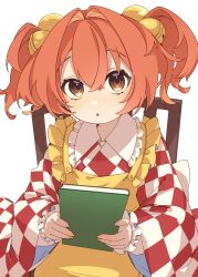 Rule 34 | 1girl, absurdres, apron, bell, blush, book, chair, checkered clothes, checkered kimono, e sdss, fingernails, hair bell, hair between eyes, hair ornament, highres, holding, holding book, japanese clothes, jingle bell, kimono, long sleeves, looking at viewer, motoori kosuzu, parted lips, red eyes, red hair, short hair, simple background, sitting, solo, touhou, two side up, white background, wide sleeves, yellow apron