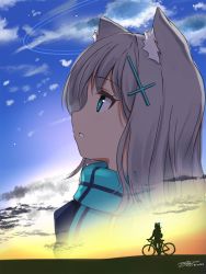 Rule 34 | 1girl, animal ear fluff, animal ears, bicycle, black jacket, blue archive, blue eyes, blue scarf, cloud, dated, grey hair, hair ornament, highres, jacket, long hair, looking away, parted lips, profile, scarf, shiroko (blue archive), signature, sunset, twitter username, yukinoshiro