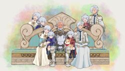 Rule 34 | 2girls, 3boys, ^ ^, aged down, ahoge, alisaie leveilleur, alphinaud leveilleur, armor, beard, black footwear, black necktie, blue eyes, blue jacket, blue socks, boots, bow, bowtie, braid, braided ponytail, brown eyes, brown footwear, capelet, child, closed eyes, collared capelet, commentary, elezen, elf, eyes visible through hair, facial hair, facing viewer, family, final fantasy, final fantasy xiv, forehead tattoo, fourchenault leveilleur, full body, greaves, hair ribbon, hand on another&#039;s arm, hand on another&#039;s shoulder, hands on own knees, highres, jacket, knee boots, knee pads, kneehighs, loafers, long hair, looking at viewer, louisoix leveilleur, medium hair, mondo jp, multiple boys, multiple girls, multiple views, neckerchief, necktie, open mouth, pointy ears, purple neckerchief, red bow, red bowtie, red jacket, ribbon, robe, second-party source, shoes, siblings, side-by-side, side braid, single braid, sitting, sleeves past wrists, smile, socks, straight-on, swept bangs, twins, white capelet, white hair, white robe