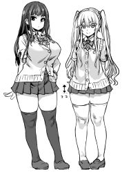 Rule 34 | 2girls, asanagi, bad id, bad twitter id, breasts, cardigan, curvy, greyscale, inactive account, large breasts, loafers, long hair, looking at viewer, microskirt, monochrome, multiple girls, original, ribbon, school uniform, shoes, simple background, skirt, smile, thick thighs, thighhighs, thighs, twintails, vest, white background, wide hips, zettai ryouiki