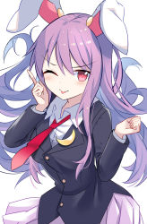 Rule 34 | 1girl, animal ears, blazer, blush, buttons, closed mouth, crescent, crescent pin, e.o., hair between eyes, highres, jacket, long hair, long sleeves, necktie, one eye closed, pleated skirt, purple hair, purple skirt, rabbit ears, red eyes, red necktie, reisen udongein inaba, simple background, skirt, smile, solo, tongue, tongue out, touhou, upper body, white background