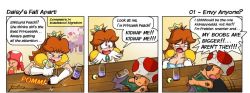 Rule 34 | 2girls, 3boys, artist name, bartender, blush, bra, breasts, brown hair, cleavage, crown, dress, drunk, english text, eyepatch, flashing, furboz, gem, glass, gloves, hard-translated, large breasts, long hair, mario (series), mini crown, multiple boys, multiple girls, nintendo, princess, princess daisy, scar, speech bubble, spill, super mario bros. 1, super mario land, tattoo, third-party edit, toad (mario), toadette, translated, truth, underwear, undressing