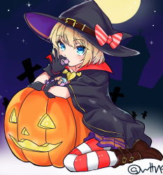 Rule 34 | 1girl, black cloak, black footwear, black gloves, black hat, blonde hair, blue eyes, bob cut, boots, bow, candy, cloak, commentary, eating, food, full moon, girls und panzer, gloves, graveyard, halloween, halloween costume, hat, hat bow, heart, highres, holding, holding candy, holding food, jack-o&#039;-lantern, katyusha (girls und panzer), looking at viewer, miniskirt, moon, night, night sky, outdoors, pantyhose, pleated skirt, purple skirt, red bow, red thighhighs, short hair, sitting, skirt, sky, solo, star (sky), starry sky, striped clothes, striped pantyhose, striped thighhighs, thighhighs, twitter username, wariza, wata sensha, witch hat