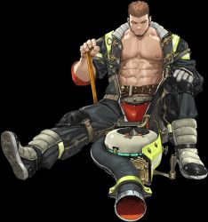 Rule 34 | 1boy, abs, alternate costume, bara, bare pectorals, beard, blue eyes, boots, brown hair, collared jacket, crotch plate, facial hair, flamethrower, gloves, gyee, hand on own knee, highres, jacket, knee pads, leather, leather belt, leather jacket, leather pants, looking at viewer, male focus, mature male, muscular, muscular male, nipples, official art, one eye closed, open clothes, open jacket, pants, pectorals, rand (gyee), sitting, solo, thick eyebrows, tooboshoo, transparent background, weapon