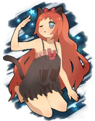 Rule 34 | 1girl, :o, animal ears, bad id, bad pixiv id, barefoot, blue eyes, camisole, cat ears, cat tail, chemise, hair ribbon, highres, kneeling, long hair, one eye closed, original, red hair, ribbon, solo, star (symbol), tail, wamochi, wink