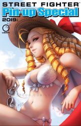 Rule 34 | 1girl, 2019, antenna hair, asia ladowska, bikini, blonde hair, breasts, cleavage, commentary, cover, cover page, day, english commentary, unworn eyewear, hat, hat ribbon, kanzuki karin, lips, long hair, looking at viewer, medium breasts, navel, nose, reclining, ribbon, ringlets, side-tie bikini bottom, sitting, solo, street fighter, street fighter v, sun hat, sunglasses, swimsuit, udon entertainment, white bikini, yellow eyes