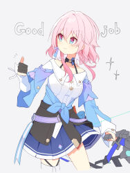 Rule 34 | 1girl, absurdres, blue eyes, bow (weapon), commentary request, cowboy shot, cropped legs, earrings, english text, highres, holding, holding bow (weapon), holding weapon, honkai: star rail, honkai (series), jewelry, march 7th (honkai: star rail), march 7th (preservation) (honkai: star rail), medium hair, pink eyes, pink hair, pink pupils, single earring, solo, thumbs up, two-tone eyes, uwasewau, weapon