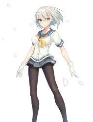 Rule 34 | 10s, 1girl, blue eyes, blush, gloves, hair ornament, hairclip, hamakaze (kancolle), highres, kantai collection, legs, pantyhose, personification, school uniform, serafuku, short hair, silver hair, simple background, skirt, solo, standing, white background, white gloves, yilan