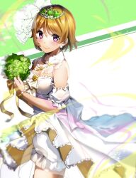 Rule 34 | 1girl, bare shoulders, blush, bouquet, bracelet, brown hair, detached sleeves, dress, earrings, flower, frilled dress, frills, fur-trimmed collar, fur trim, highres, holding, holding bouquet, jewelry, koizumi hanayo, layered dress, looking at viewer, love live!, love live! school idol project, nakano maru, puffy detached sleeves, puffy pants, puffy sleeves, purple eyes, short hair, solo, tiara, veil, wedding dress
