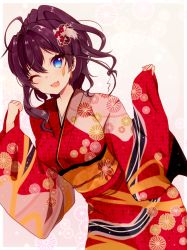 Rule 34 | 10s, 1girl, :3, alternate costume, alternate hairstyle, blue eyes, breasts, brown hair, highres, ichinose shiki, idolmaster, idolmaster cinderella girls, japanese clothes, kimono, large breasts, long hair, obybuss, one eye closed, open mouth, ponytail, solo, wavy hair
