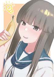 Rule 34 | 1girl, banana, black eyes, black hair, blue neckerchief, blue sailor collar, blunt bangs, blush, commentary request, food, fruit, hatsuyuki (kancolle), highres, hime cut, holding, holding food, holding fruit, kantai collection, light bulb, long hair, looking at viewer, neckerchief, nose blush, parted lips, sailor collar, sakieko, school uniform, serafuku, simple background, solo, upper body
