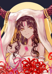 Rule 34 | 1girl, black background, bouquet, bow, breasts, brown hair, cleavage, curly hair, dark skin, dark-skinned female, dress, facial mark, fate/grand order, fate (series), flower, forehead mark, highres, hood, horn ornament, horn ring, horns, large breasts, lips, long hair, looking at viewer, moon, pink bow, ribbon, sessyoin kiara, sideboob, simple background, solo, spaghetti strap, spider lily, strap slip, tassel, upper body, veil, white dress, yellow eyes, yun kuokuo