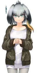 Rule 34 | 1girl, aqua eyes, black hair, casual, collarbone, contemporary, cowboy shot, dress, grey hair, grey pantyhose, hair between eyes, hands up, highres, interlocked fingers, jacket, kemono friends, long hair, long sleeves, looking at viewer, low ponytail, multicolored hair, open clothes, open jacket, open mouth, orange hair, own hands together, pantyhose, shoebill (kemono friends), side ponytail, simple background, sleeves past wrists, solo, sweater, sweater dress, tadano magu, translation request, white background, white dress, white sweater