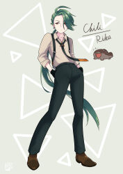 Rule 34 | 1girl, absurdres, ahoge, black gloves, black necktie, black pants, brown footwear, character name, clodsire, closed mouth, collared shirt, commentary request, creatures (company), earrings, frown, full body, game freak, gloves, green hair, grey background, hands in pockets, highres, jewelry, kabo sumizu, long hair, looking down, necktie, nintendo, pants, pokemon, pokemon sv, ponytail, rika (pokemon), shirt, shoes, standing, suspenders