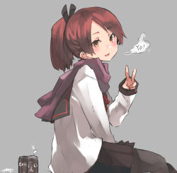 Rule 34 | 1girl, adapted costume, black pantyhose, black sailor collar, black skirt, brown eyes, brown hair, can, canned coffee, cowboy shot, drink can, grey background, highres, kantai collection, looking at viewer, pantyhose, pleated skirt, ponytail, purple scarf, sailor collar, scarf, school uniform, serafuku, shikinami (kancolle), shikinami kai ni (kancolle), short hair, simple background, sitting, skirt, solo, sunday aki, v