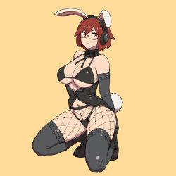 Rule 34 | 1girl, absurdres, animal ears, bare shoulders, black bra, black collar, black footwear, black gloves, black panties, black thighhighs, blush, boots, bra, breasts, brown eyes, closed mouth, collar, commentary, detached collar, elbow gloves, fake animal ears, fishnets, full body, glasses, gloves, hair between eyes, headphones, highres, large breasts, looking at viewer, medium hair, navel, onsen tamago (hs egg), original, panties, rabbit ears, rabbit tail, red hair, simple background, solo, stomach, symbol-only commentary, taeko (onsen tamago), tail, thighhighs, underwear, yellow background