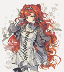 Rule 34 | 1girl, artist name, black bow, bow, braided sidelock, breasts, checkered hairband, closed mouth, cowboy shot, dot mouth, dress, facing viewer, floral background, flower, gloves, green eyes, grey cloak, grey sleeves, hand in own hair, hand up, high collar, highres, japeell, long hair, long sleeves, looking to the side, orange hair, pants, pants under dress, reverse:1999, short dress, small breasts, solo, sonetto (reverse:1999), straight-on, thigh bow, two side up, very long hair, white background, white dress, white gloves