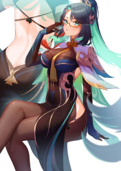 Rule 34 | 1girl, aqua eyes, backless outfit, bare back, black dress, blue hair, breasts, capelet, cloud retainer (genshin impact), commentary request, dress, feet out of frame, genshin impact, glasses, hand up, large breasts, long hair, looking at viewer, meshiro, multiple views, pantyhose, parted lips, red-framed eyewear, sitting, thighs, very long hair, white background, xianyun (genshin impact)