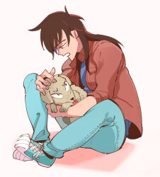 Rule 34 | 1boy, black hair, blue footwear, blue pants, blue shirt, brown jacket, commentary request, dog, fingernails, full body, inudori, itou kaiji, jacket, kaiji, long hair, male focus, medium bangs, open mouth, pants, petting, shirt, shoes, sitting, sleeves rolled up, sneakers, solo, white background