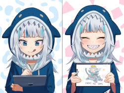 Rule 34 | 1girl, :d, blue background, blue eyes, blue hair, blush, closed mouth, drawing, gawr gura, grin, happy, highres, hololive, hololive english, hood, hoodie, long hair, long sleeves, multicolored hair, open mouth, pen, pink background, sharp teeth, silver hair, smile, solo, some1else45, tablet pc, teeth, tongue, tongue out, two-tone hair, upper body, virtual youtuber, white background