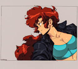 Rule 34 | 1girl, aqua shirt, black jacket, breasts, cleavage, collarbone, commentary, crop top, curly hair, david liu, english commentary, from side, grey-framed eyewear, highres, jacket, large breasts, linea alba, long hair, looking to the side, maria (space maria), open clothes, open jacket, red eyes, red hair, retro artstyle, shirt, signature, simple background, solo, space maria, upper body, very long hair