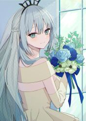 Rule 34 | 1girl, absurdres, alternate costume, bare shoulders, blue eyes, blue hair, blush, bouquet, braid, bridal veil, bride, closed mouth, commentary, dot nose, dress, fate/grand order, fate (series), flower, french braid, from behind, hair between eyes, hair ornament, highres, holding, holding bouquet, kake udon, light blue hair, long hair, looking at viewer, morgan le fay (fate), sidelocks, solo, upper body, veil, wedding dress, window