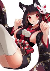Rule 34 | 1girl, :3, absurdres, animal ear fluff, animal ears, azur lane, black hair, blunt bangs, breasts, cat ears, floral print, highres, large breasts, looking at viewer, mask, mask on head, one-hour drawing challenge, paw pose, pom pom (clothes), red eyes, short hair, sideboob, simple background, solo, thighhighs, white background, white thighhighs, wide sleeves, yamaha tsui, yamashiro (azur lane)