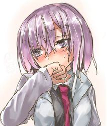 Rule 34 | 1girl, absurdres, araido kagiri, blush, covering own mouth, embarrassed, fate/grand order, fate (series), grey hoodie, hair between eyes, heart, heart-shaped pupils, highres, hood, hoodie, mash kyrielight, necktie, nose blush, purple eyes, short hair, sketch, solo, sweat, symbol-shaped pupils, upper body, white background