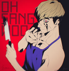 Rule 34 | 1boy, absurdres, alternate eye color, apron, black blood, blood, blood on face, blood on hands, bloody knife, bloody weapon, character name, colored blood, evil smile, highres, holding, holding knife, killing stalking, knife, looking at viewer, male focus, oh sangwoo, red background, red eyes, signature, smile, solo, sono (sononew), undercut, weapon